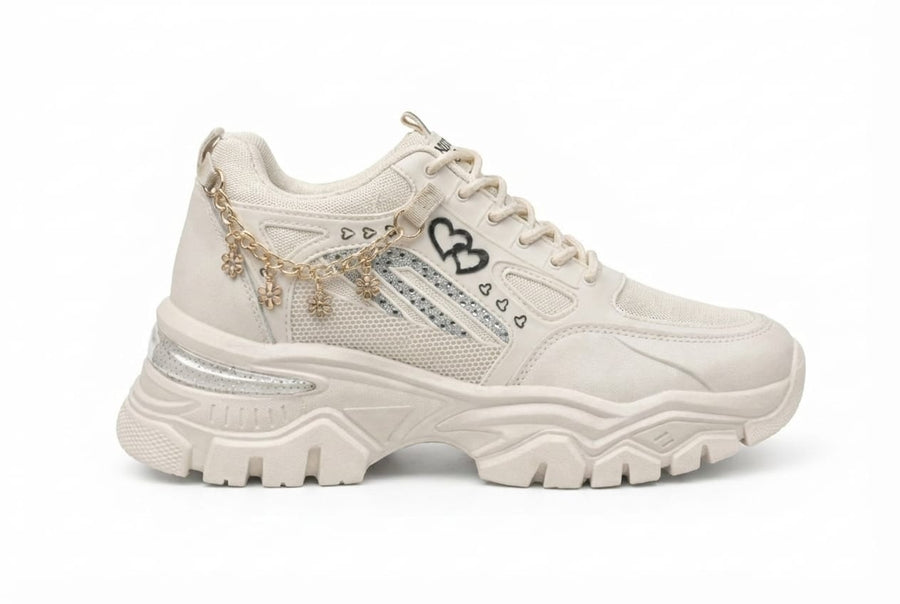 Beige Chunky Platform Sneakers for Women – Fashion Sneakers with Chain Detail