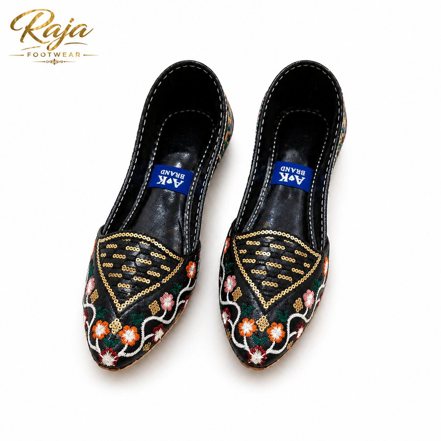 Elegant Black Embroidered Khussa for Women – Lightweight & Comfortable | Raja Footwear