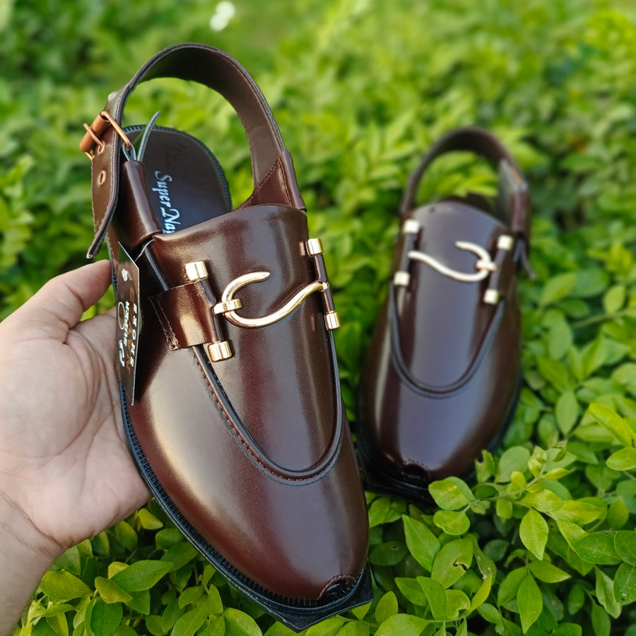 Men's Premium Brown peshawriChappal with Golden Buckle – Traditional Elegance & Modern Style"
