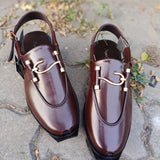 Men's Premium Brown peshawriChappal with Golden Buckle – Traditional Elegance & Modern Style"
