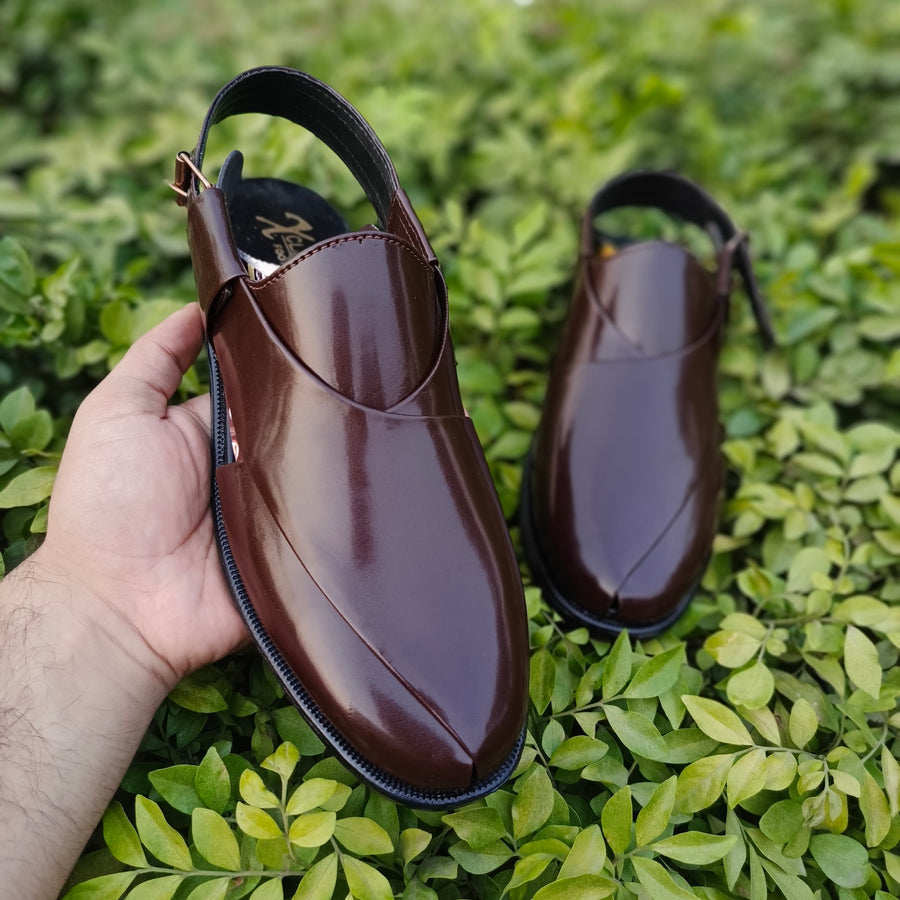 Classic Brown Glossy Peshawari Chappal – Premium Synthetic Finish