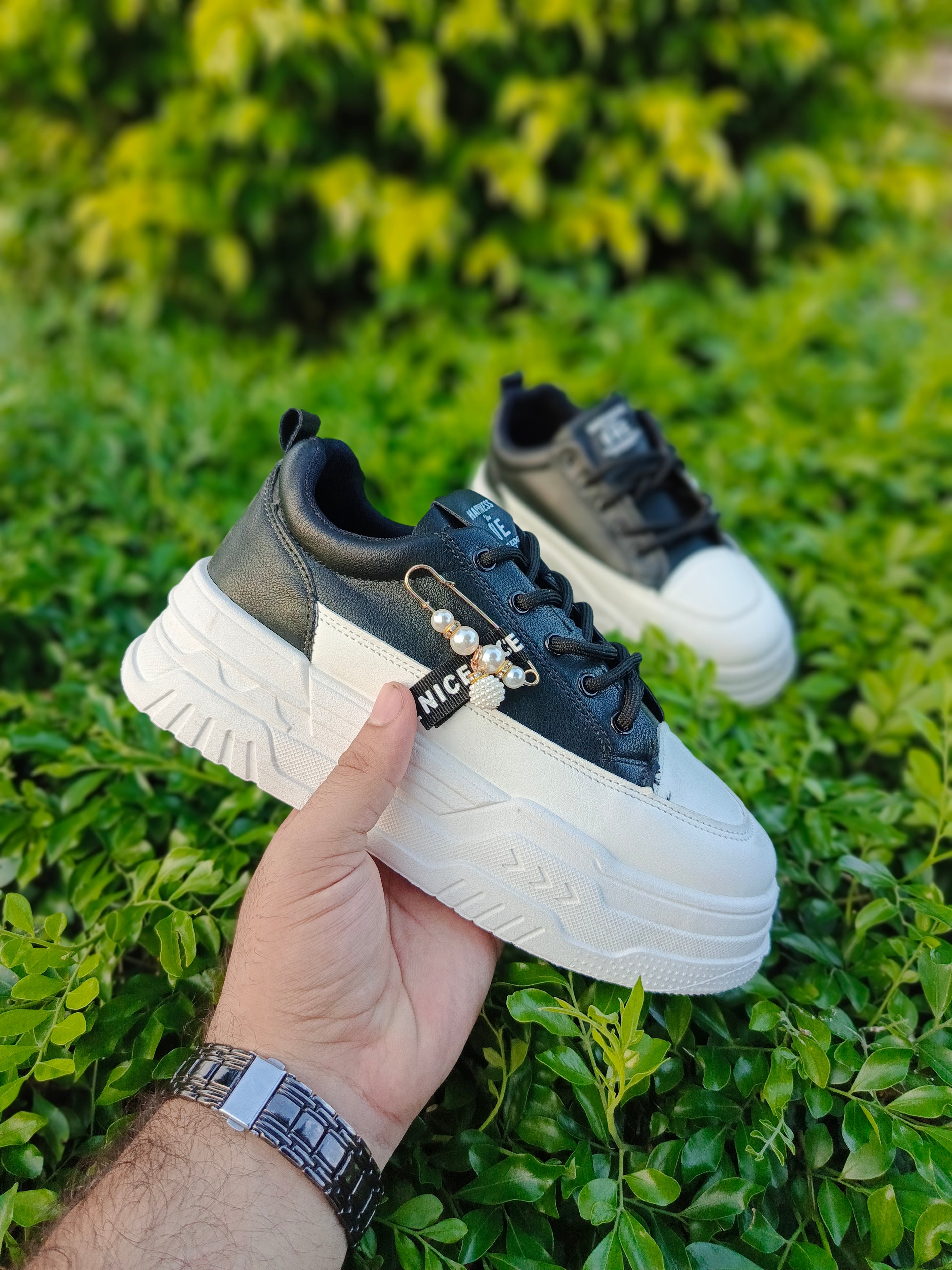 Women’s Black & White Platform Sneakers with Charm Detail – Casual & Stylish