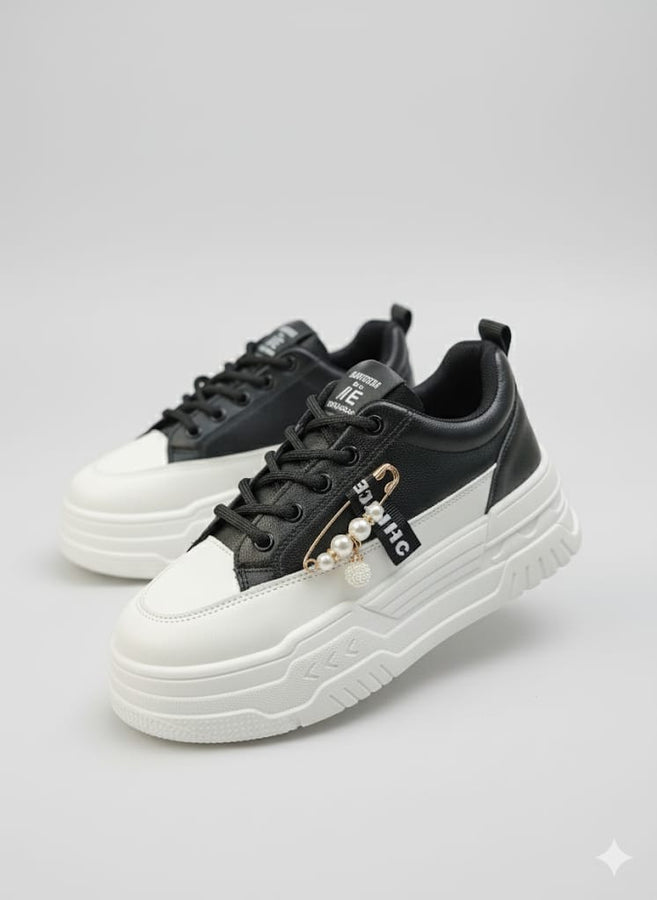 Women’s Black & White Platform Sneakers with Charm Detail – Casual & Stylish