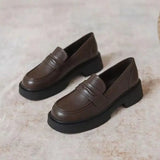 Women's Black Leather Slip-On Loafers Thick Soled Autumn