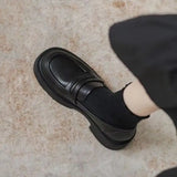 Women's Black Leather Slip-On Loafers Thick Soled Autumn