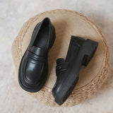 Women's Black Leather Slip-On Loafers Thick Soled Autumn
