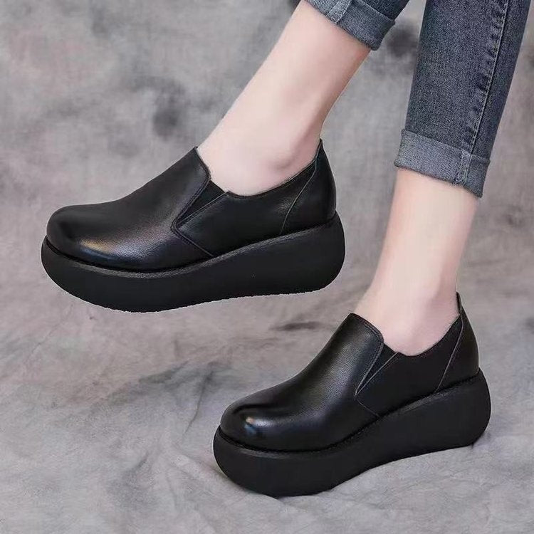 Mom's Platform Shoes Women's Casual Shoes 2025 Autum New Versatile Wedge Heels Retro Thick-Soled Non-Slip Leather Shoes