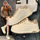 Fashion Platform Sports Casual Shoes Women's 2025 Spring New All-match Round-toe Leather White Shoes Height-increasing Women's Sneakers