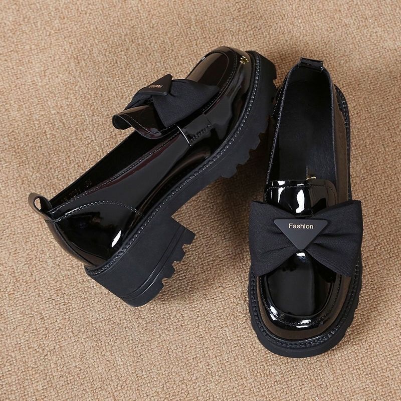 Soft Leather Single-layer Shoes Women's Thick-soled Loafers 2023 New Summer Mid-heel Women's Shoes Bow Bright Leather Shoes Women's Petite