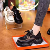 Thick-soled Internet-famous Loafers Women's 2024 New Black Leather Shoes French Soft-soled Height-increasing British-style Lace-up Shoes