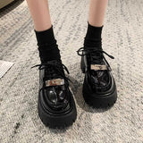 Lace-up muffin thick-soled loafers women's wholesale new spring high heel lock black small leather shoes comfortable all-match