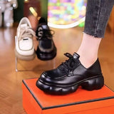 Thick-soled Internet-famous Loafers Women's 2024 New Black Leather Shoes French Soft-soled Height-increasing British-style Lace-up Shoes