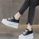 Women's Height-Increasing White Sneakers 2024 Spring New Round-Toe Lace-Up Breathable Student Height-Increasing Casual Platform Shoes with High Heels