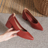 Soft Leather Granny Shoes with Chunky Heels and Pointed Toes, Women's Mid-Heel Shoes, 2024 New Spring and Autumn Versatile Soft Leather Shallow High Heels
