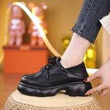 Thick-soled Internet-famous Loafers Women's 2024 New Black Leather Shoes French Soft-soled Height-increasing British-style Lace-up Shoes
