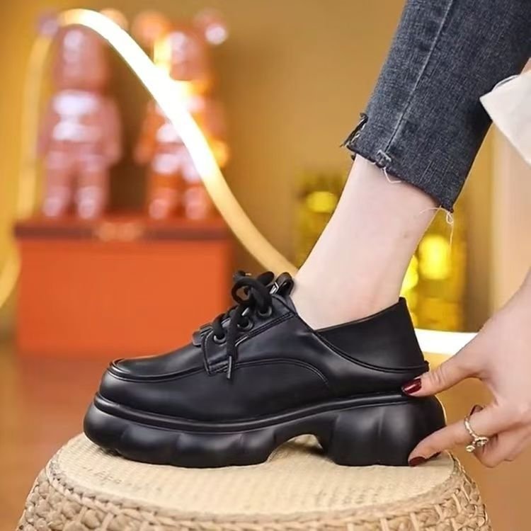 Thick-soled Internet-famous Loafers Women's 2024 New Black Leather Shoes French Soft-soled Height-increasing British-style Lace-up Shoes