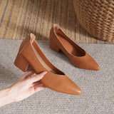 Soft Leather Granny Shoes with Chunky Heels and Pointed Toes, Women's Mid-Heel Shoes, 2024 New Spring and Autumn Versatile Soft Leather Shallow High Heels
