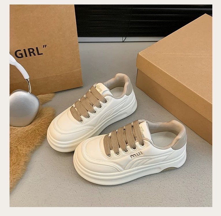 Fashion Platform Sports Casual Shoes Women's 2025 Spring New All-match Round-toe Leather White Shoes Height-increasing Women's Sneakers