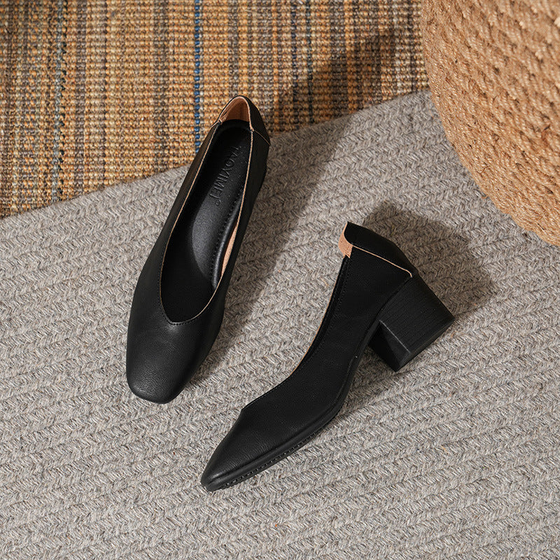 Commuter Milk Shoes Women's Retro Soft Leather V-Mouth Mid-Heel Fairy High Heels Women's Thick Heel Mary Jane Shoes Women's Shoes Women's Summer