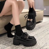 Lace-up muffin thick-soled loafers women's wholesale new spring high heel lock black small leather shoes comfortable all-match