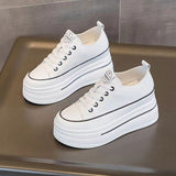 Women's Height-Increasing White Sneakers 2024 Spring New Round-Toe Lace-Up Breathable Student Height-Increasing Casual Platform Shoes with High Heels