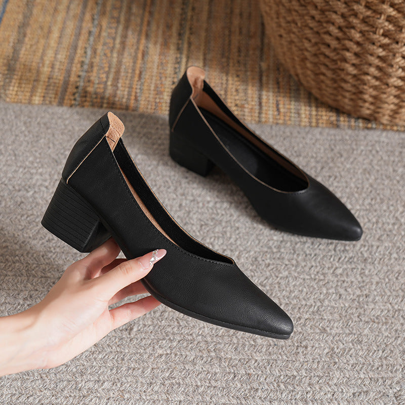 Soft Leather Granny Shoes with Chunky Heels and Pointed Toes, Women's Mid-Heel Shoes, 2024 New Spring and Autumn Versatile Soft Leather Shallow High Heels