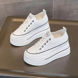 Women's Height-Increasing White Sneakers 2024 Spring New Round-Toe Lace-Up Breathable Student Height-Increasing Casual Platform Shoes with High Heels
