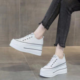 Women's Height-Increasing White Sneakers 2024 Spring New Round-Toe Lace-Up Breathable Student Height-Increasing Casual Platform Shoes with High Heels
