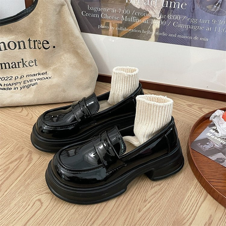 Thick-soled heightening single-layer shoes women's black thick-heeled leather shoes all-match British loafers autumn new formal shoes jk shoes