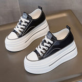 Women's Height-Increasing White Sneakers 2024 Spring New Round-Toe Lace-Up Breathable Student Height-Increasing Casual Platform Shoes with High Heels