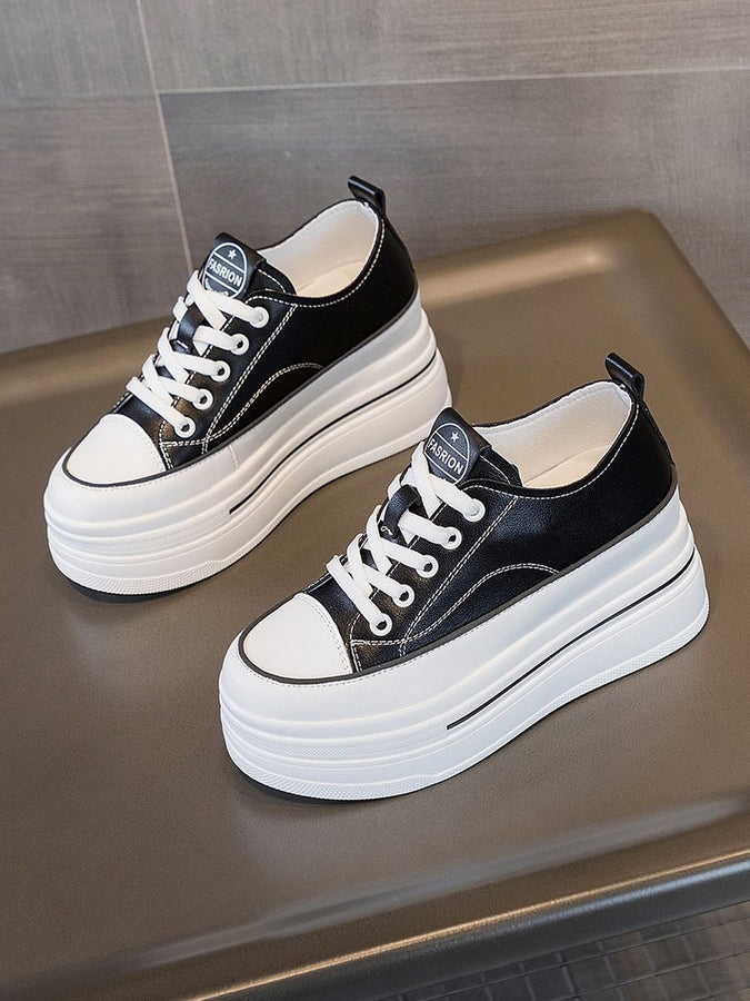 Women's Height-Increasing White Sneakers 2024 Spring New Round-Toe Lace-Up Breathable Student Height-Increasing Casual Platform Shoes with High Heels