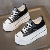 Women's Height-Increasing White Sneakers 2024 Spring New Round-Toe Lace-Up Breathable Student Height-Increasing Casual Platform Shoes with High Heels