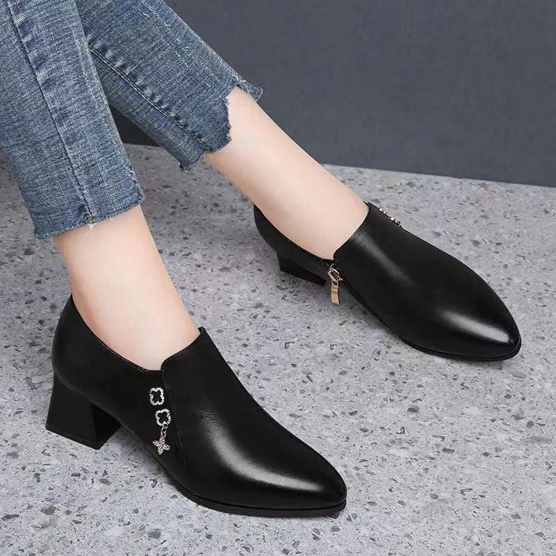 Deep Mouth Single-layer Shoes Women's Spring High Heels Women's 2023 New Women's Shoes Middle-aged Mother's Shoes Non-slip Single-layer Shoes Thick Heel Leather Shoes