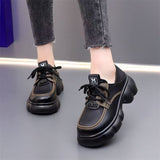 Thick-soled Internet-famous Loafers Women's 2024 New Black Leather Shoes French Soft-soled Height-increasing British-style Lace-up Shoes