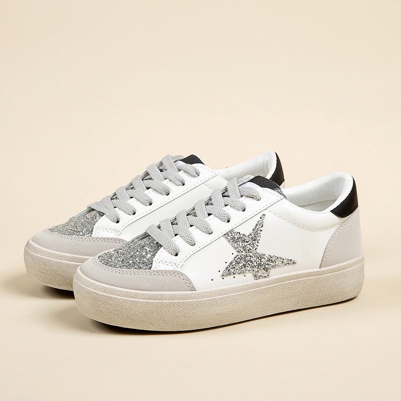 2026 Cross-Border Autumn New Lightweight Sneakers with Non-Slip Soft Soles for Women, Thick-Soled Casual Shoes, Fashionable Star-Patterned White Shoes