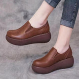 Mom's Platform Shoes Women's Casual Shoes 2025 Autum New Versatile Wedge Heels Retro Thick-Soled Non-Slip Leather Shoes
