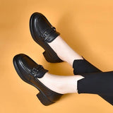 Autumn 2024 New British Style Work Small Leather Shoes Thick Heeled Shoes Round Head Soft Bottom Black Loafers
