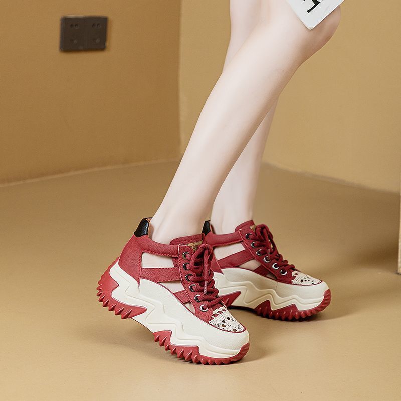 New Lace-Up Thick-Soled Heightening Daddy Shoes for Women 2025 Summer Versatile Fashion Contrasting Color Cut Out Breathable Sports Shoes for Women