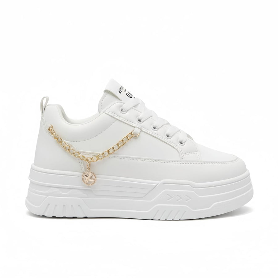 White Platform Sneakers for Women – Chunky Casual Shoes with Golden Chain