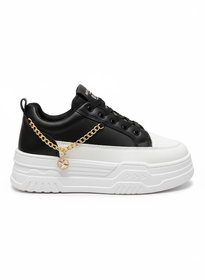Black Platform Sneakers for Women – Chunky Casual Shoes with Golden Chain
