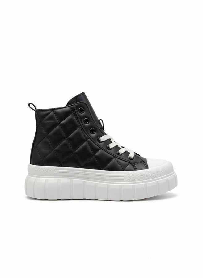 Black Quilted High-Top Platform Sneakers for Women – Stylish Chunky Sole