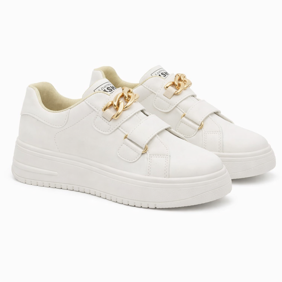 White Platform Sneakers for Women with Gold Chain Strap – Trendy Chunky Sole