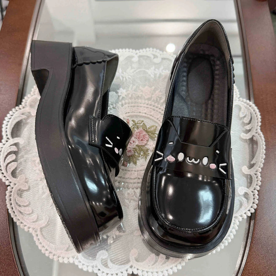 Black Cat Slip-On Leather Mary Jane Shoes
