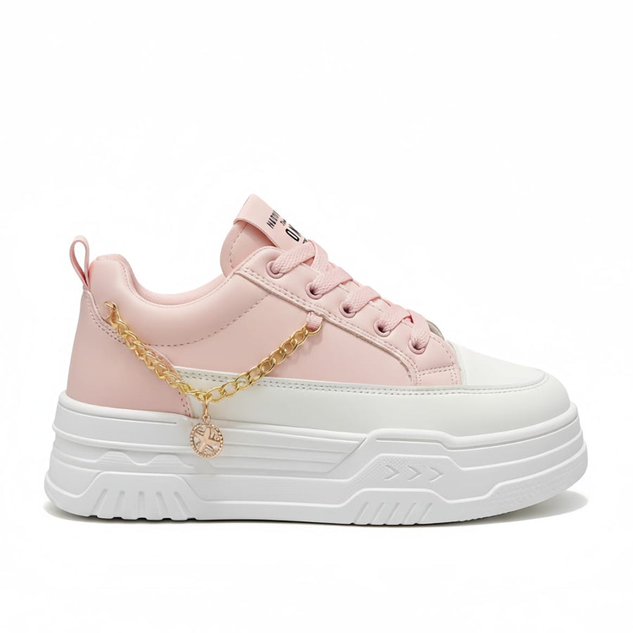 Pink Platform Sneakers for Women – Chunky Casual Shoes with Golden Chain