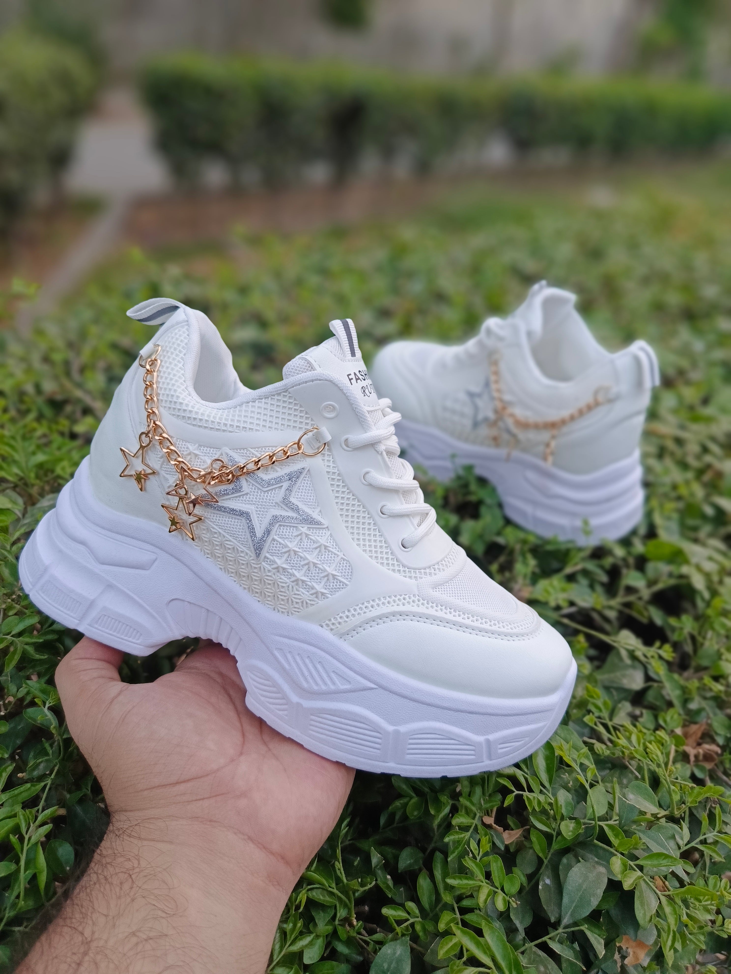 "2025 Star Chain Wedge Sneakers for Women – Stylish High Thick Sole Fashion Shoes"