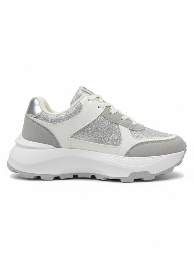 Silver Glitter Chunky Sneakers for Women – Grey & White Casual Platform Shoes