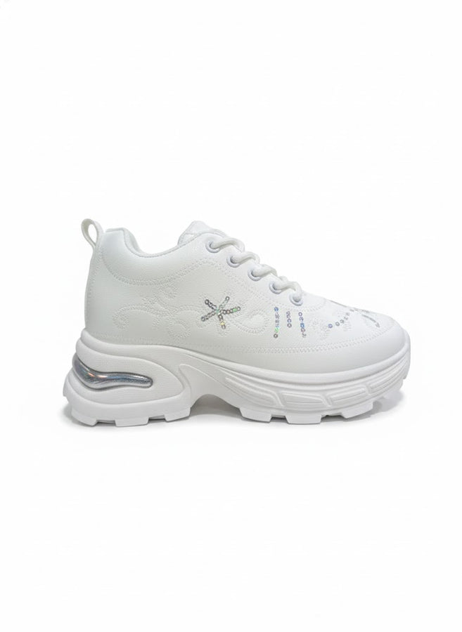 White Chunky Platform Sneakers for Women – Embellished Casual Shoes