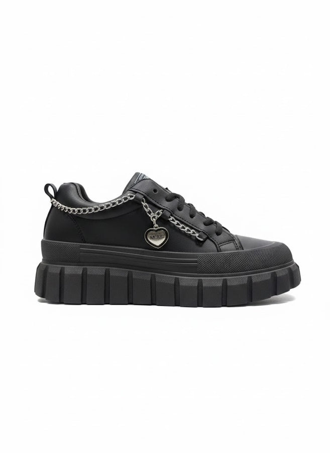 All Black Chunky Platform Sneakers for Women – Chain Detail Street Style Shoes