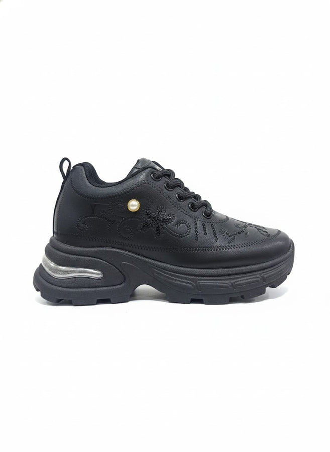 Black Chunky Platform Sneakers for Women – Embellished Casual Shoes