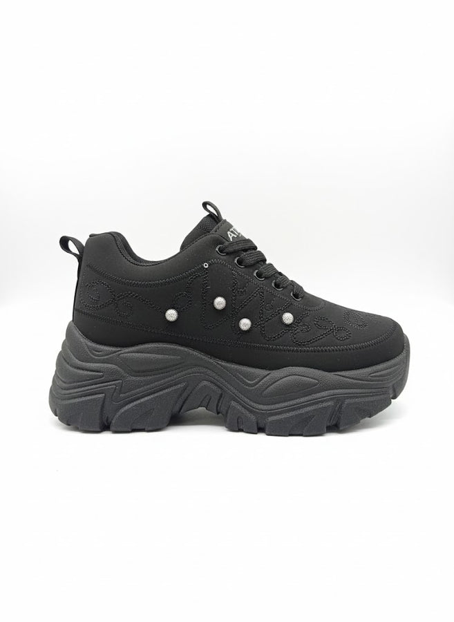 All Black Chunky Platform Sneakers for Women – Embellished Casual Shoes